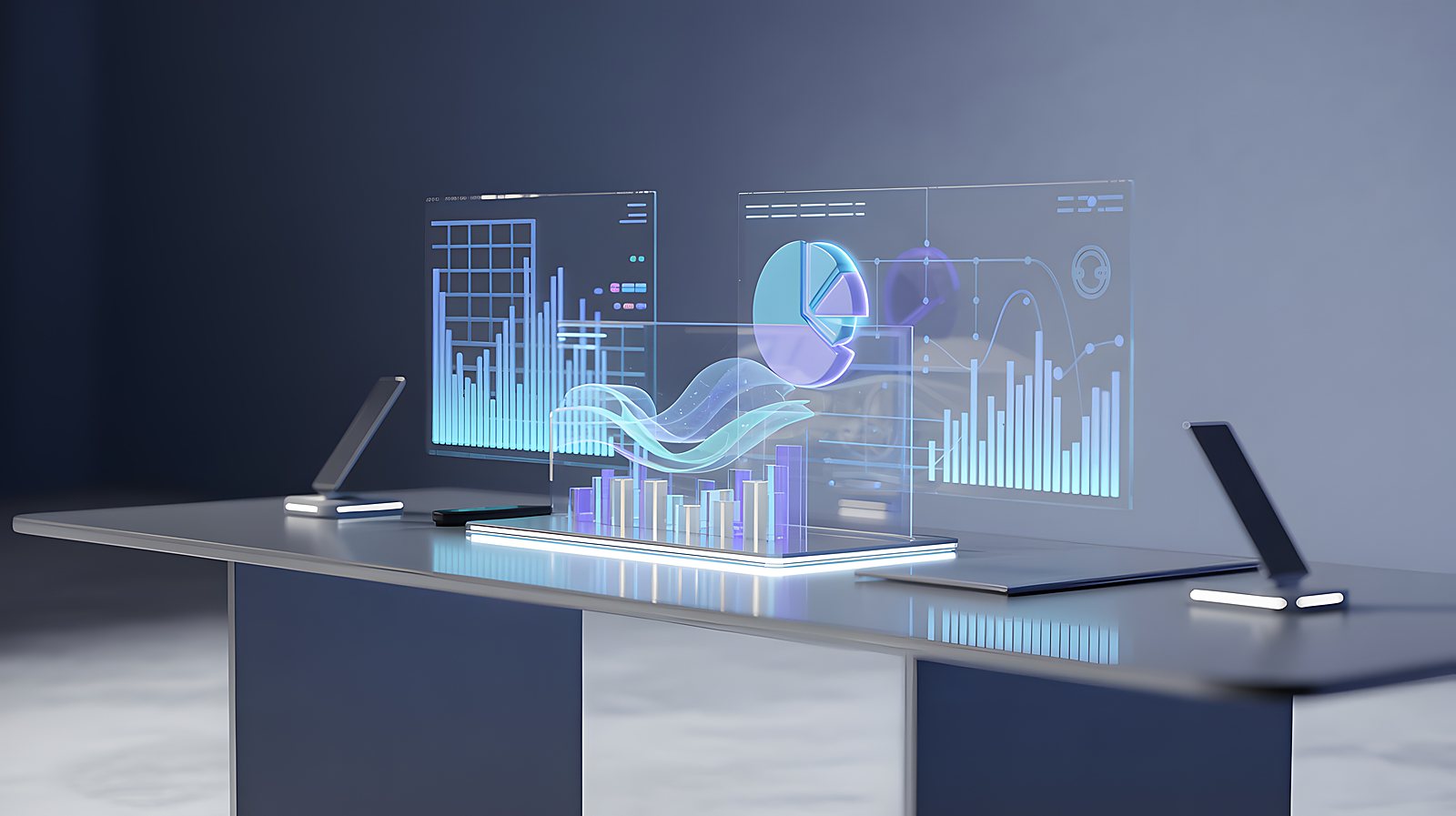Futuristic holographic financial dashboards projecting charts above a desk